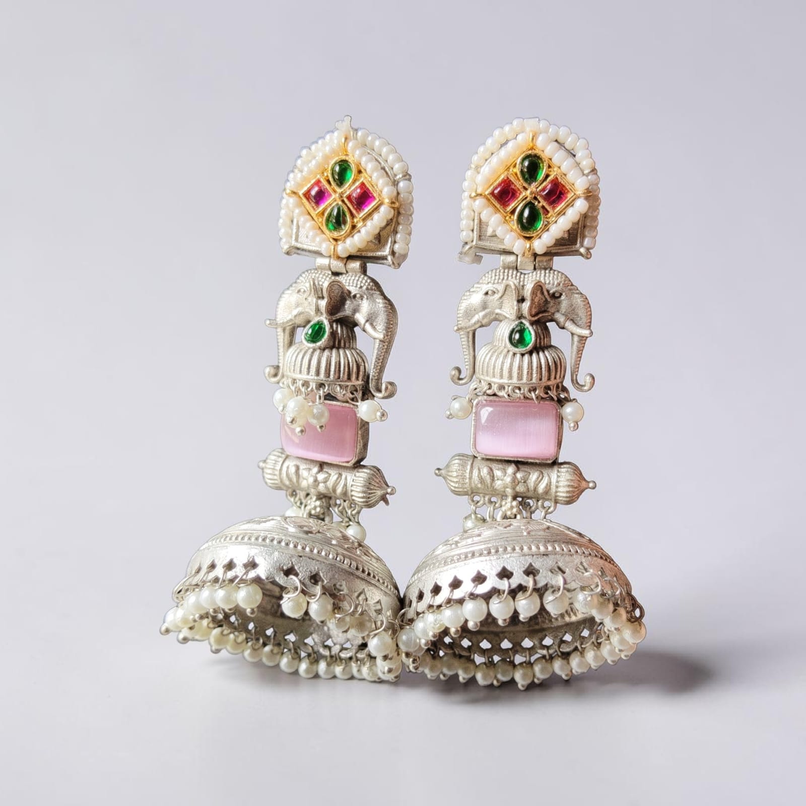 Gajraj Jaipuri Long Elephant Silver Look Jhumka Earrings — image 2