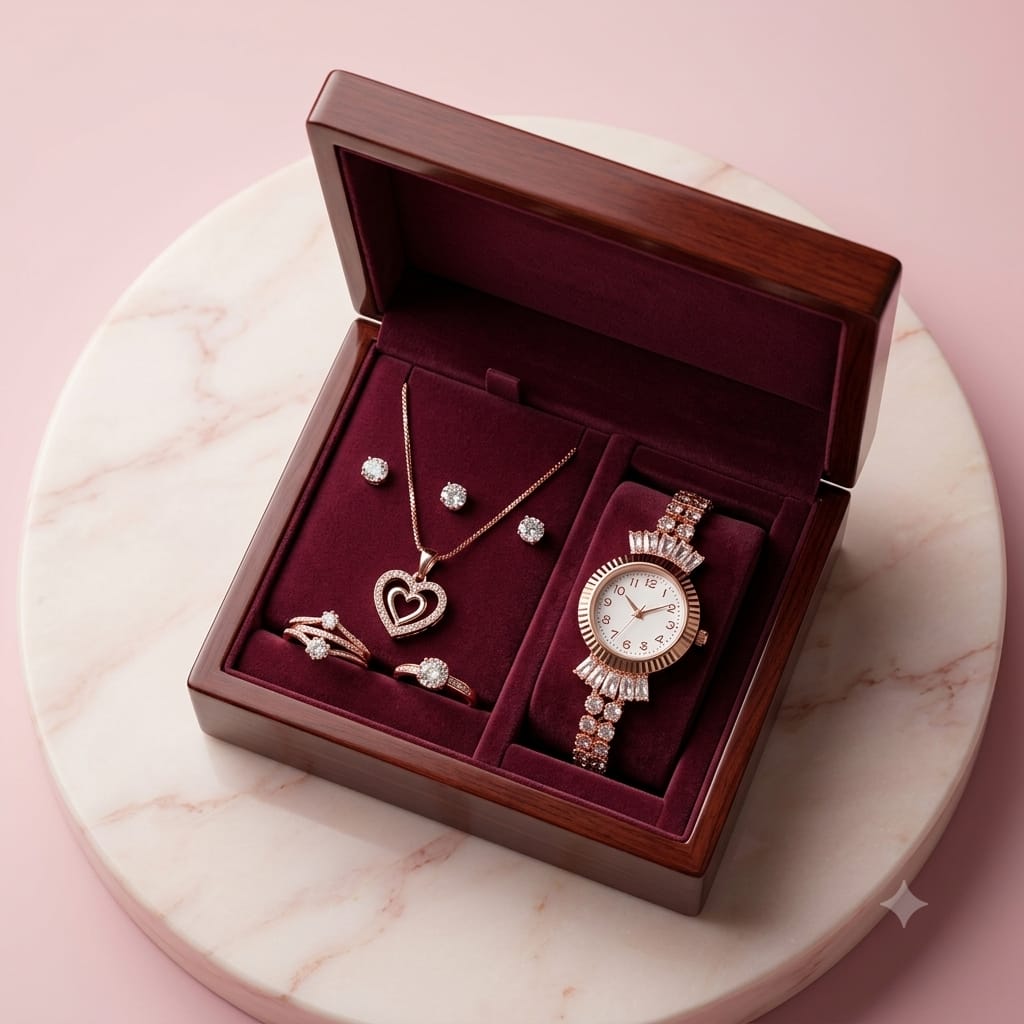 Women's 4-in-1 Rose Gold Luxury Gift Set - Watch, Heart Pendant, Earrings & 2 Rings in Heart Box